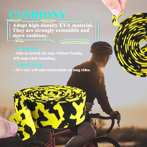 KINGOU Black & Yellow Camouflage EVA Road Bike Handlebar Tape with Bar Plugs - 2PCS Per Set - color: black&yellow