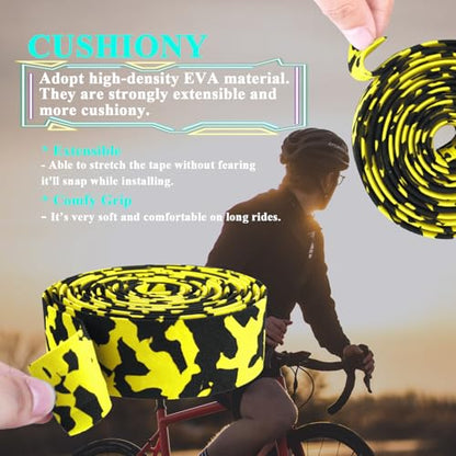 KINGOU Black & Yellow Camouflage EVA Road Bike Handlebar Tape with Bar Plugs - 2PCS Per Set - color: black&yellow