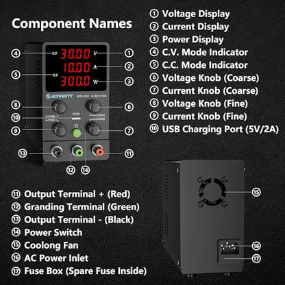 DC Power Supply Variable, 0-30V 0-10A Adjustable Switching DC Regulated Bench Power Supply with High Precision 4-Digit LED Display, 5V/2A USB Port, Coarse and Fine Adjustment SPS-3010 - color: SPS(Red LED), size: 30V 10A