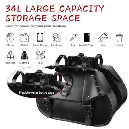 Motorcycle Saddlebags 34L Large Capacity PU Leather Side Saddle Bags Waterproof Universal for Harley Honda Yamaha Kawasaki (3D Skull,Black)