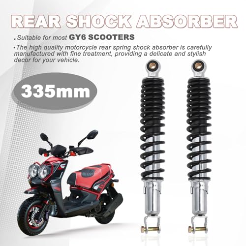 Minho Motorcycle Dual Rear Shock Absorbers with Adjustable Spring Preload in Heavy Iron Material Compatible with Chinese GY6 Scooter Mopeds Taotao Tank Jonway Roketa,335MM Length,10MM Mounting Hole - size: 335mm