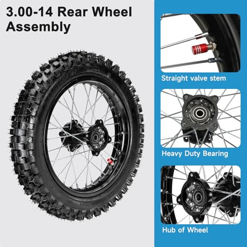 EOPOAYI 90/100-14 3.00-14 Dirt Bike Rear Wheel Tire & Inner Tube Assembly Compatible with 125cc 140cc 150cc Apollo YZ85 CRF125F KLX125 TTR125 SSR TaoTao DB17 Off Road Motocross Parts with 15mm Bearing - size: 90/100-14 Rear Wheel without Chain Sprocket