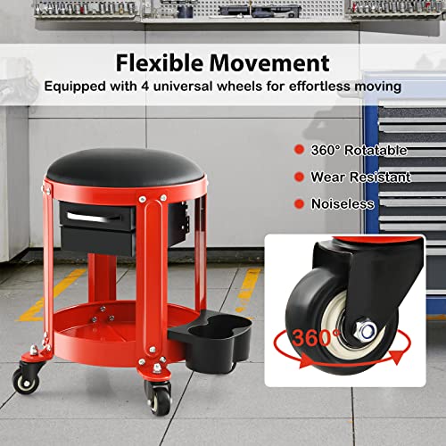 S AFSTAR Garage Shop Roller Seats, Adjustable Pneumatic Rolling Creeper Stool W/Removable Padded Seat, 2-Direction Drawers, Twin Can Holder, Round Mechanic Rolling Stool, 330 LBS Max Load
