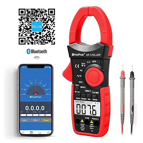 HOLDPEAK Digital Clamp Multimeter Connect with APP via Bluetooth HP-570S-APP Voltage Multimeter with Amp Ohm Tester, 6000 Count with NCV, Auto Range, AC/DC Voltage AC/DC Current,Resistance