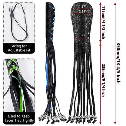 2 PCS Faux Leather Motorcycle Lever Covers With Fringes and Skulls - Brake Clutch Grip Tassels Handlebar Handle Wraps - color: Black & Blue Laces*1 & Black Laces*1