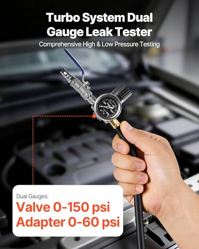 VEVOR Turbo Boost Leak Tester Kit, Compatible with 3"/3.5"/4" Pipe, 0-150 PSI Valve Gauge & 0-60 PSI Adapter Gauge, Turbo System Leakage Tester Set with 4 Pairs of Air Fittings for Diesel Trucks, SUVs