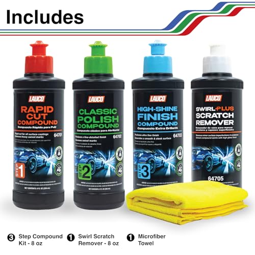 LAUCO Paint Correction Compounds Step 1, 2, 3, Swirl Remover 8oz Kits, with a Towel, Silicone-Free, Clear Coat Safe Scratch Remover, Swirl Correction & High Gloss Finishing 36457 - style: Combo–8oz