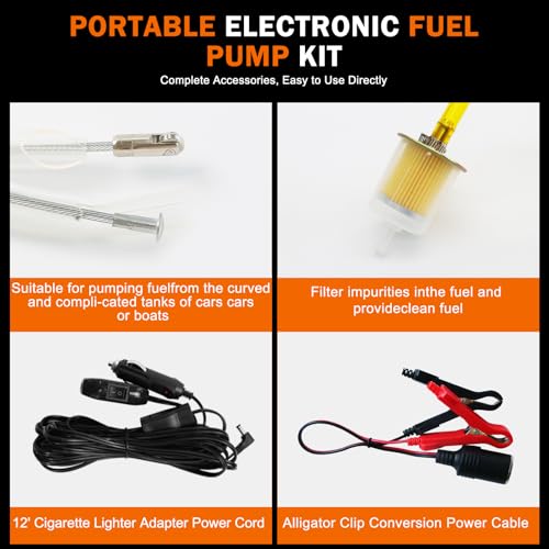 MILADO 12V Fuel Transfer Pump Set, Gasoline Transfer Pump Kit, Electric Fuel Pump with Case, 30 Gallons of Gas or Diesel Per Hour Inline Fuel Pump, Great for Vehicles, Boats, Carburetor, Lawn Mower