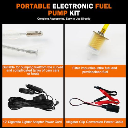 MILADO 12V Fuel Transfer Pump Set, Gasoline Transfer Pump Kit, Electric Fuel Pump with Case, 30 Gallons of Gas or Diesel Per Hour Inline Fuel Pump, Great for Vehicles, Boats, Carburetor, Lawn Mower