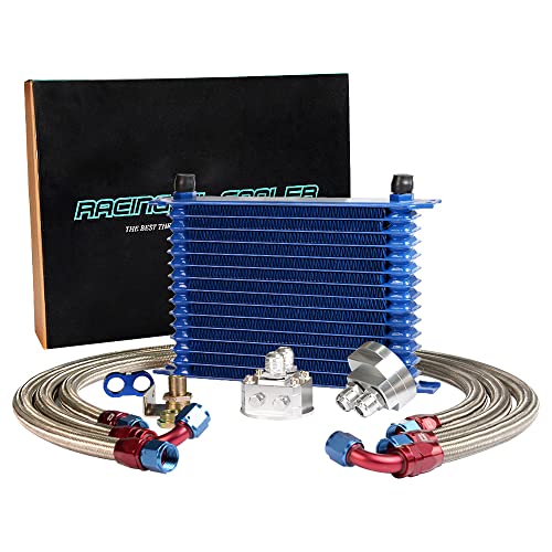 PIT66 Universal AN10 Engine Transmission Oil Cooler Compatible with Japanese Model Blue 15 Row Aluminum with Filter Relocation Kit A Set - color: Blue, size: 15 Row Japanese Model-A Set