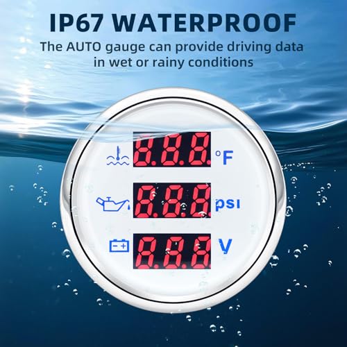 MH Triple Gauge Set - Water Temp (104°F-248°F), Oil Pressure (0-145PSI), Voltmeter (9-32V), AUTO Gauge with Sensors 2" 52mm 3-in-1 Boat Marine Meter Kit (White) - color: White