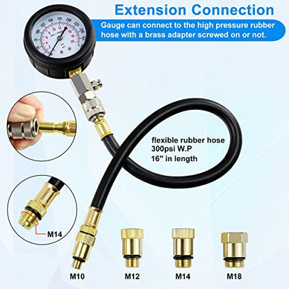 JoyFans 0-300 PSI Compression Tester Automotive Tool, Petrol Gas Engine Cylinder Pressure Test Kit with Gauge Adapter M10 M12 M14 M18 for Small Engine Cars Motorcycles Trucks SUVs Black