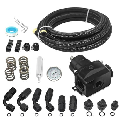 Universal Adjustable EFI Fuel Pressure Regulator Kit (20-120 PSI) - Equipped with Pressure Gauge and 10 FT 6AN CPE Fuel Line Hose and Adapter Fitting, in Black Anodized Aluminum Material
