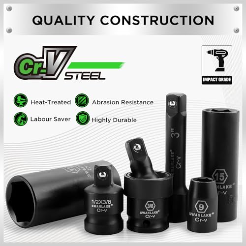 SWANLAKE 3/8'' Drive Impact Socket Set, 50-Piece Standard SAE (5/16 to 3/4 inch) and Metric (8-22mm) Size, 6 Point, Cr-V, 3/8-Inch Ratchet Handle, Extension Bar, Universal Joint - style: 3/8'' 50PCS