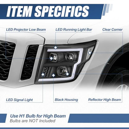 Auto Dynasty LED DRL Headlights Assembly for 2016-2024 Nissan Titan (XD) - color: Black, size: C-Style LED DRL / LED Low Beam