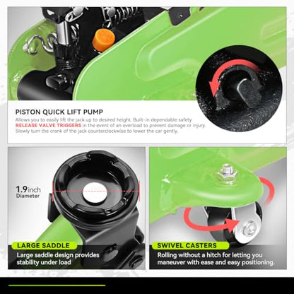 PM PERFORMOTOR Low Profile Hydraulic Trolley Service/Floor Jack Combo with 2 Ratchet Jack Stands, 2 Ton (4000 lbs) Capacity, Green,PM-TOL-FJ3P-GR - color: Green