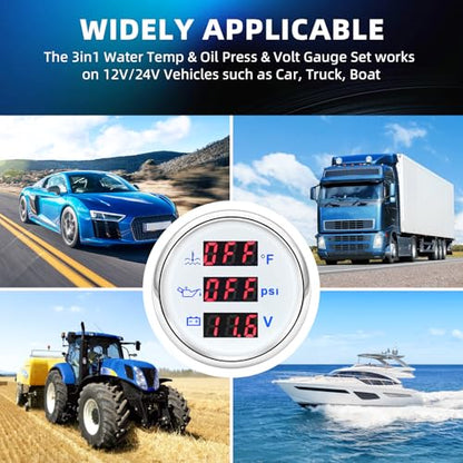 MH Triple Gauge Set - Water Temp (104°F-248°F), Oil Pressure (0-145PSI), Voltmeter (9-32V), AUTO Gauge with Sensors 2" 52mm 3-in-1 Boat Marine Meter Kit (White) - color: White