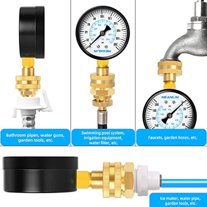 MEANLIN MEASURE 0~200Psi 3/4" Female Water Pressure Kit Plus 5 adapters, 2.5" FACE DIAL Multi-Purpose Pressure Gauge Kit, Hydraulic Tester,Suitable for Gardens, Water Pipes, etc - color: Black, size: 0-200Psi (With Fittings)