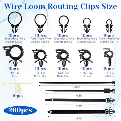 200 Pcs Car Wire Loom Routing Clips Push Mount Cable Tie Assortment 15 Sizes Car Harness Routing Clips Universal Wiring Harness Clip Replacement Parts for Automotive