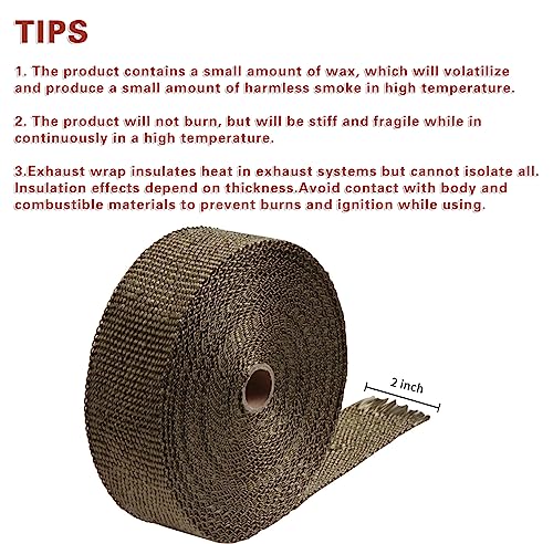 LEDAUT 2" x 50' Titanium Exhaust Heat Wrap Roll for Motorcycle Fiberglass Heat Shield Tape with Stainless Ties - size: 2 inches X 50 feet roll
