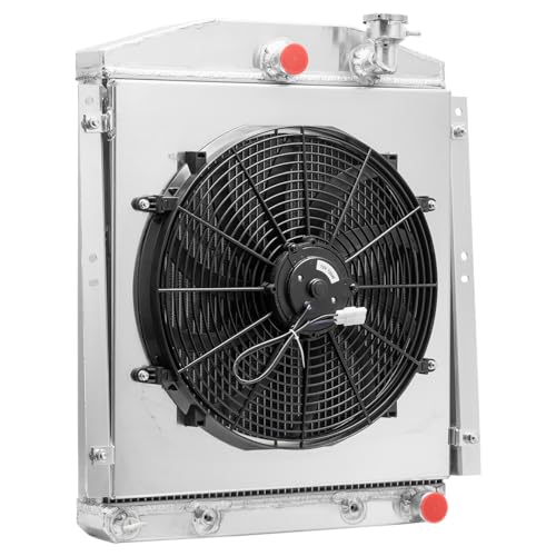 4 Row High Flow Aluminum Radiator with Shroud Fan, 63mm Core High Performance Upgraded Downflow for 1948-1954 Chevy/GMC Truck, All Aluminum Racing Spec Cooling Radiator, OE 4854 CC4854 CU4854