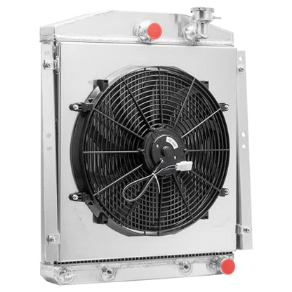 4 Row High Flow Aluminum Radiator with Shroud Fan, 63mm Core High Performance Upgraded Downflow for 1948-1954 Chevy/GMC Truck, All Aluminum Racing Spec Cooling Radiator, OE 4854 CC4854 CU4854