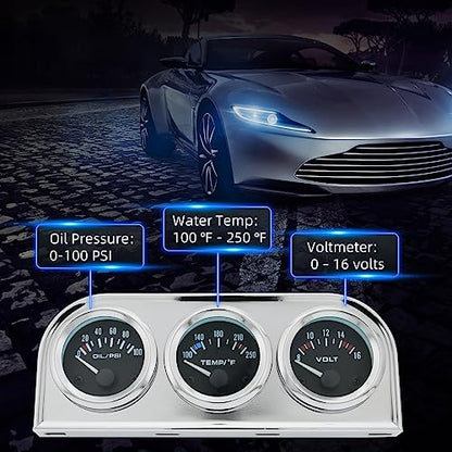 ARTILAURA 52mm Triple Gauge Set (Oil Pressure + Water Temp + Volt) 3 in1 Black AUTO Gauges 3 Set Cluster Kit Dashboard with Silver Console for 12V Cars - color: Silver & Black