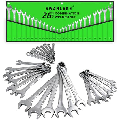 SWANLAKE GARDEN TOOLS 26-Piece Combination Wrench Set with Roll-up Pouch, SAE 1/4” - 1”, Metric 8mm - 24mm, Perfect for General Household, Garage, Auto Repairs and Travel Emergency - color: 26-piece Metric&sae Green