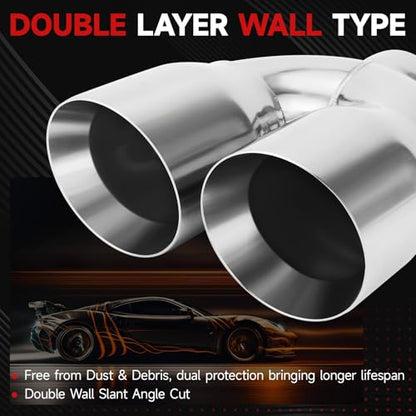 LCGP 2.5 Inch Dual Exhaust Tip, 2.5" Inlet 4" Outlet 9.5" Length, Polished Stainless Exhaust Tip, Double Wall Weld-on Angle Cut, Tailpipe for Car Truck, 2PCS - size: 2.5x4x9.5 inch, style: Polished