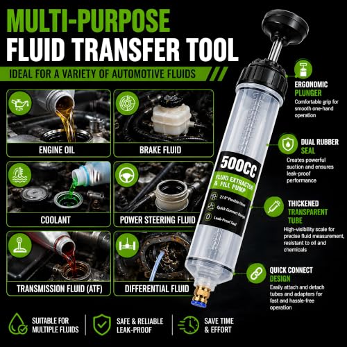 500CC Fluid Extractor Pump, Oil Extractor Pump with 2 Flexible Hoses, Manual Fluid Transfer Pump for Transmission Fluid, Brake Fluid, Coolant, Differential, Gear Oil, Automotive Fluid Extractor