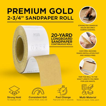 Dura-Gold Gold PSA Longboard Sandpaper, 220 Grit, 20 Yard Roll, 2-3/4" Wide - size: 220-Grit