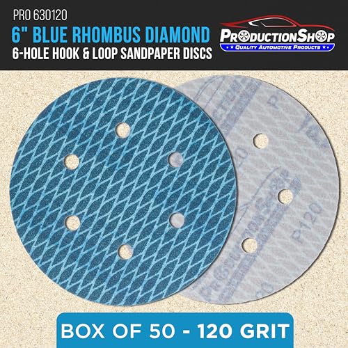 ProductionShop Premium 120 Grit 6" Rhombus Diamond Shape Blue Sanding Discs, 6-Hole, Box of 50 - Hook & Loop Anti-Clogging J-Cloth Dustless Sandpaper for Random Orbital Sanders, Sand Auto Paint, Wood - style: 120 Grit