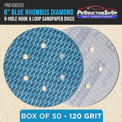 ProductionShop Premium 120 Grit 6" Rhombus Diamond Shape Blue Sanding Discs, 6-Hole, Box of 50 - Hook & Loop Anti-Clogging J-Cloth Dustless Sandpaper for Random Orbital Sanders, Sand Auto Paint, Wood - style: 120 Grit
