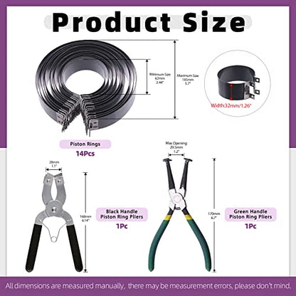 Swpeet 17Pcs Adjustable Black Piston Installer Pliers and Green Car Engine Piston Ring Compressor Pliers with 2.4" - 5.7" Piston Rings Kit with Carrying Box for Car Truck Auto Engine
