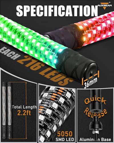 Auxbeam 2PCS 2.2FT RGB LED Whip Lights, Bluetooth APP & Remote Control