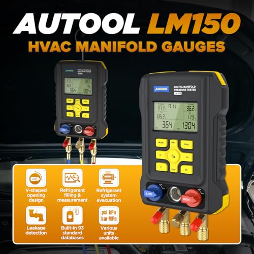 AUTOOL LM150 Digital HVAC Manifold Gauges - Dual Pressure & Temperature Measurement, Vacuum Level Detection, Refrigerant Identifier with Built-in Database for Air Conditioning & Refrigeration Systems