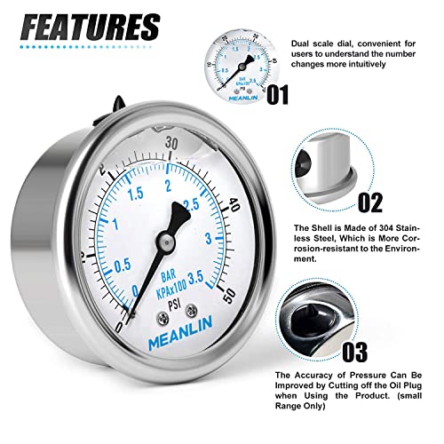 MEANLIN MEASURE 0~50Psi Stainless Steel 1/4" NPT 2.5" FACE DIAL Liquid Filled Pressure Gauge WOG Water Oil Air Center Back Mount, with 1/2" NPT and 1/4" x 3/8" NPT Hex Bushing - size: 0-50Psi