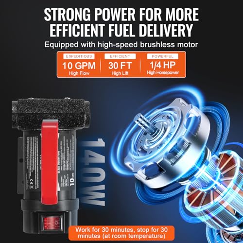 VEVOR Fuel Transfer Pump, 12V DC 10 GPM 1/4 HP, Portable Electric Diesel Transfer Pump with Automatic Shut-Off Fuel Nozzle, High Flow, Long Inlet & Outlet Hose for Diesel, Kerosene, Transformer Fuel - size: 12V 10GPM with Carry Case