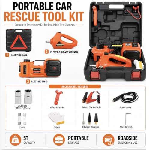 E-HEELP Electric Car Jack Kit 5 Ton 12V with Impact Wrench, 6.1-17.7 in