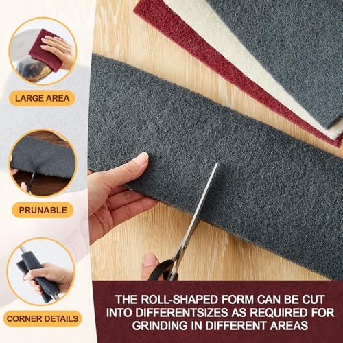 3 Rolls Industrial Scouring Pads 4.72" x 6.56 ft Scuff Pad for Scuffing, Scouring, Sanding, Cleaning, Blending, Paint Surface Prep Adhesion, Automotive Auto Body, Cuttable, Red White Gray