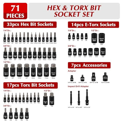 EMENTOL 71-Piece Torx Bit & Hex Bit Socket Set, Master SAE/Metric Bits, 1/4", 3/8" and 1/2" Drive, S2 Alloy & CR-V Steel, Includes External Torx E4-E24, Socket Adapter & Drill Adapter
