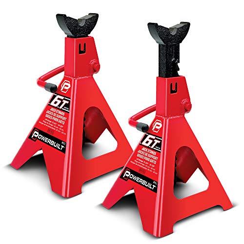 Powerbuilt 6 Ton Ratchet Jack Stands, Wide Stance Stability, Vehicle Car Lifting Range 15-1/2 Inches to 23-1/2 Inches - Red 647511 - size: 6 Ton