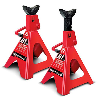 Powerbuilt 6 Ton Ratchet Jack Stands, Wide Stance Stability, Vehicle Car Lifting Range 15-1/2 Inches to 23-1/2 Inches - Red 647511 - size: 6 Ton