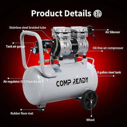 2 Gallon Portable Air Compressor 0.75HP 1.7 CFM@90PSI 60dB Ultra Quiet Oil Free Air Compressor Ideal for Tire Inflation Pneumatic Tool Spray Painting