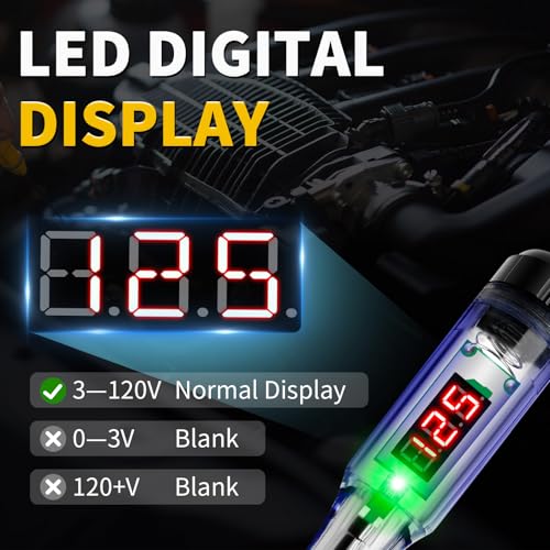 Test Light Automotive 3-120V DC LED Digital Circuit Tester with Voltage Display, Auto Bidirectional Voltage Tester, Electric Test Probe Pen for Car Battery Polarity Continuity Fuses
