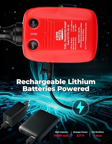 KEMIMOTO Rechargeable Fuel Transfer Pump with 4000mAh Lithium Battery Power