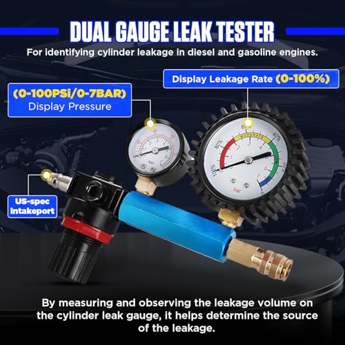 Compression and Leakage Test Kit 47PCS Petrol & Diesel Engine Compression Tester Automotive Cylinder Leak Down Tester Kit with Dual Gauge Engine Compression Tester Kit for HDi, TDCi, Pumpe Duse Engine - color: Black