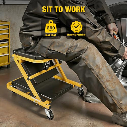 YELLOW JACKET Mechanic Creeper Stool, 40 Inches Extended 2-in-1 Foldable Z-Creeper Rolling Garage Seat with Wheels, Heavy Duty Steel Auto Repair Garage Stool for Shop, 330 LBS Capacity - size: 40 inch