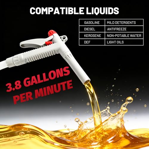 Fuel Transfer Pump-3.8 GPM Strong Flow with 78" Extra Long Hose w/5 Can Adapters,12V DC/Battery Powered Portable Fuel Pump for Gasoline,Oil,Diesel,DEF-Ease of Use