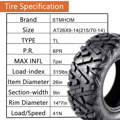 Set of 2 ATV Tires 26x9-14 All Terrain Tires, 26x9-14 ATV Tires 6PR Sand Mud Off-Road Tire, Tubeless - size: 26x9-14 6PR